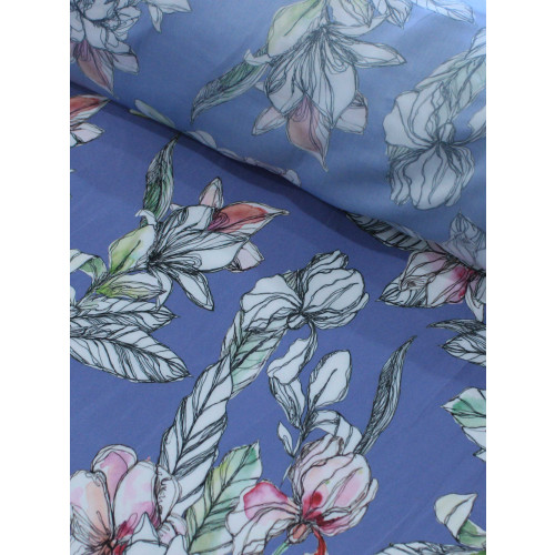 Tecido Crepe Acetinado Flores Azul Indigo