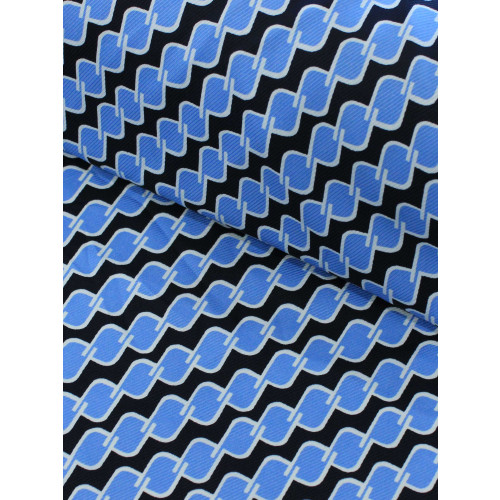 Tecido Crepe Sarjado Geométrico Azul e Preto