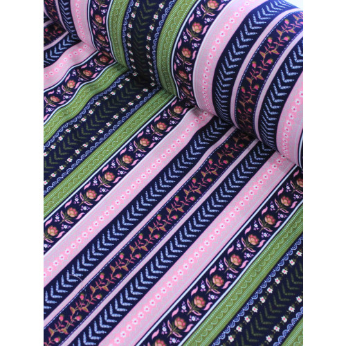 Tecido Viscose Flores Barrado Preto Verde e Rosa