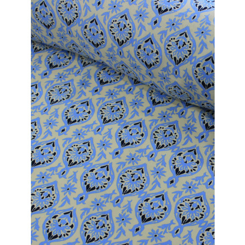 Tecido Viscose Simbolos E flores Azul Preto e Bege