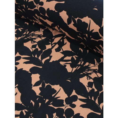 Tecido Viscose Folhas Nude e Preto