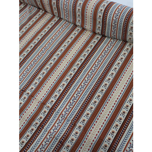 Tecido Viscose Listra Ramos e Flores Marrom Bege e Azul
