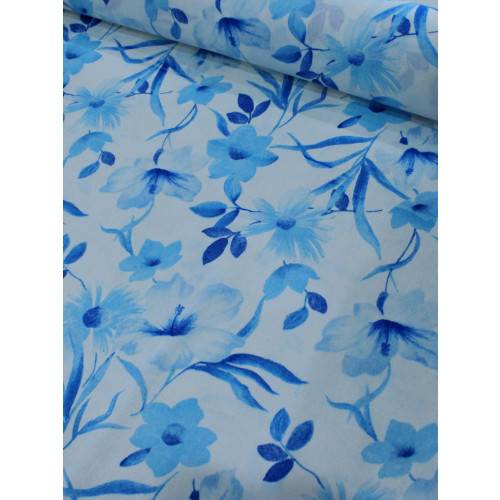 Tecido Linho Misto Flores Azul e Branco