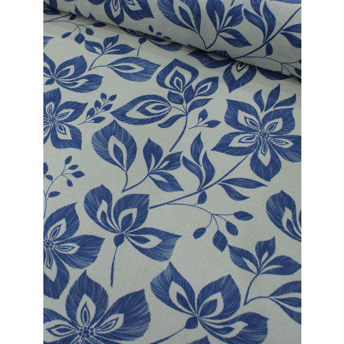Tecido Linho Misto Flores Azul-marinho