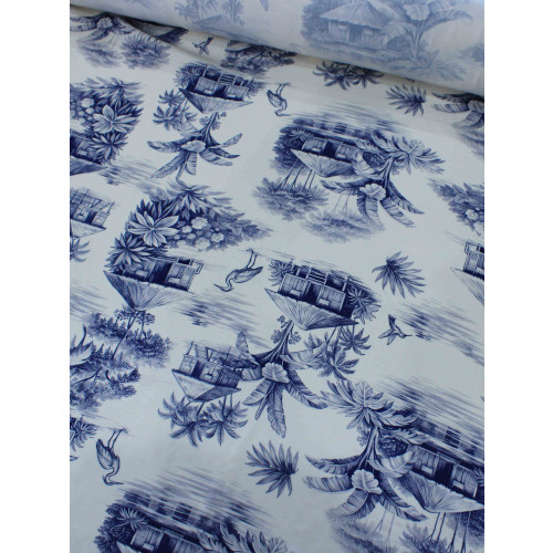 Tecido Viscose Premium Paisagem Tropical Azul e Off-White