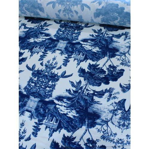 Tecido Viscose Premium Porcelana Toile de Jouy Azul e Branco