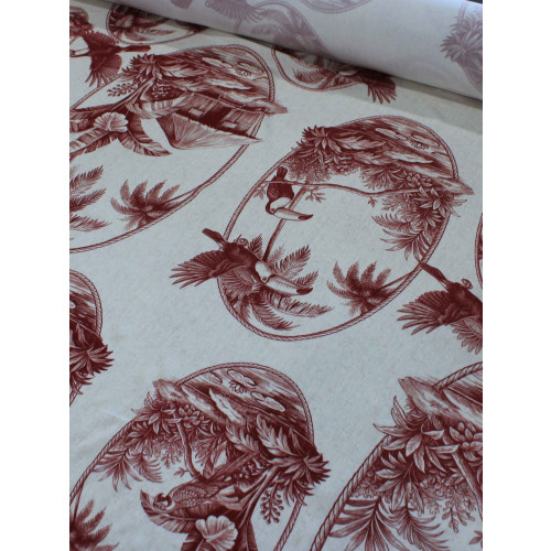 Tecido Viscose Premium Toile de Jouy Tropical Vinho e Creme
