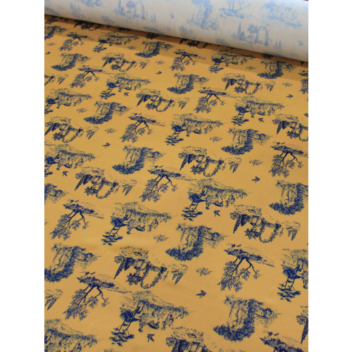 Tecido Viscose Premium Paisagem Savana Mostarda e Azul