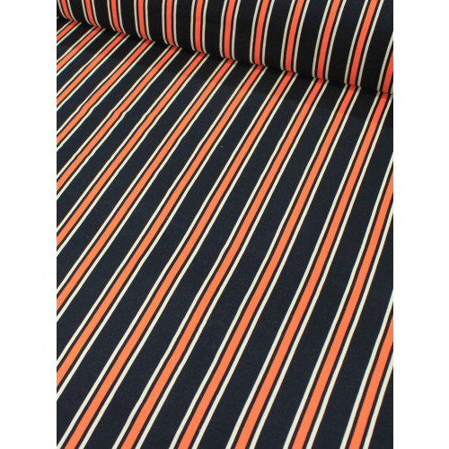 Tecido Viscose Listrado Preto, Laranja e Branco