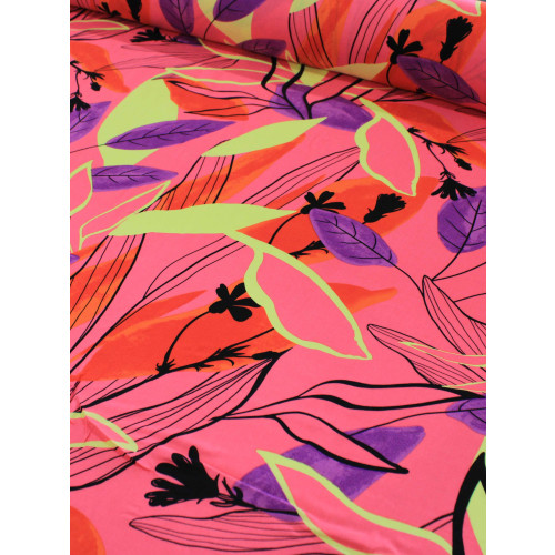 Tecido Viscose Floral Tropical Rosa, Roxo e Verde Lima