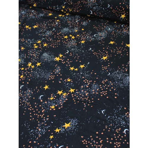 Tecido Viscose Constelação Céu Estrelado Preto e Amarelo