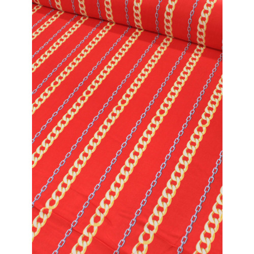 Tecido Viscose Correntes Vermelho e Dourado