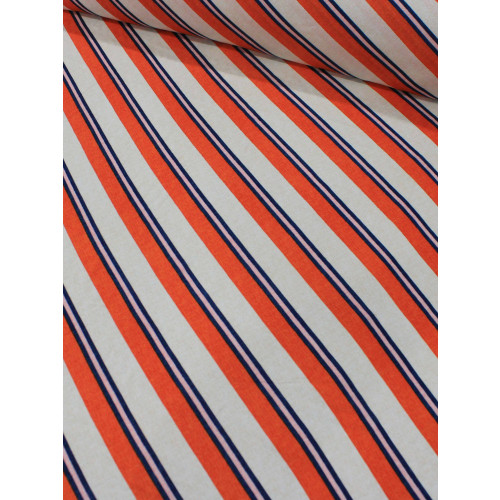 Tecido Viscose Listrado Creme, Laranja e Azul Marinho