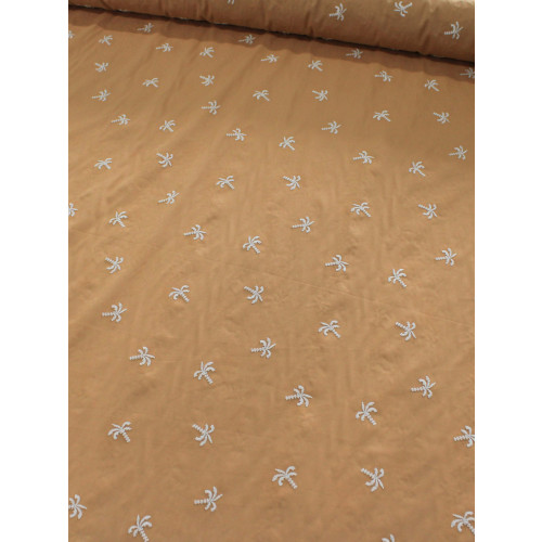 Tecido Cambraia de Algodão Bordada Mini Palmeiras Offwhite e Caramelo