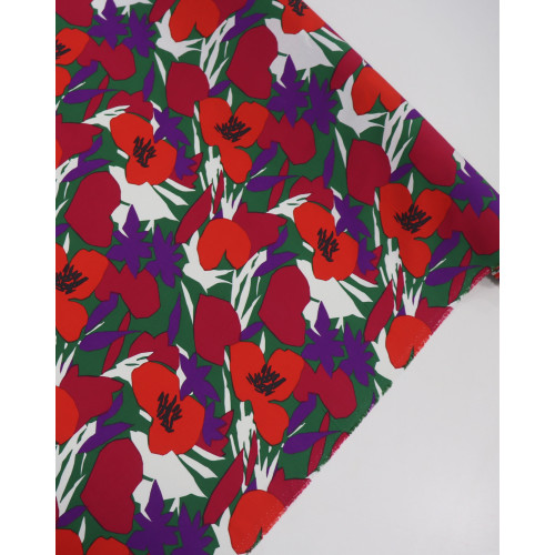 Tecido Linho Misto Italiano Pintura Floral Vermelho e Roxo