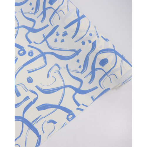 Tecido Crepe Koshibo Pinturas Abstratas Azul Celeste e Offwhite