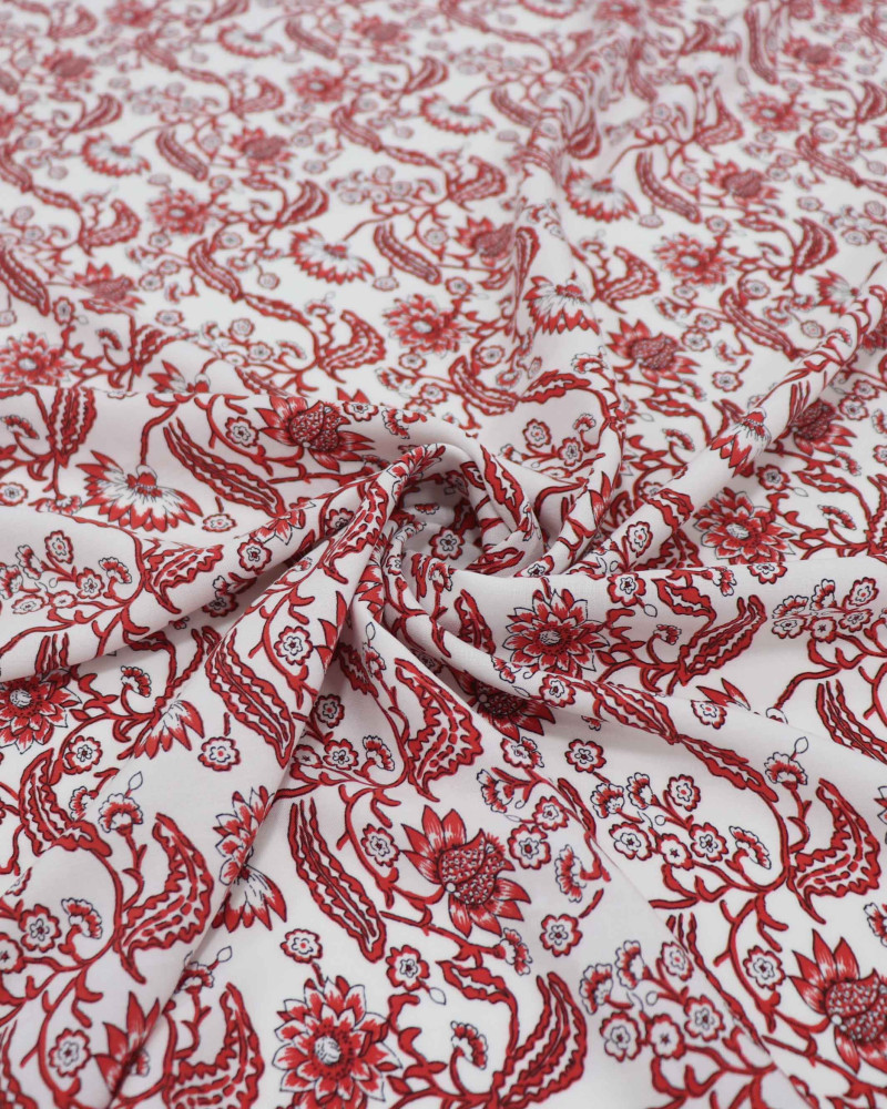 Tecido Viscose Italiano Flores Dviersas Vermelho e Branco