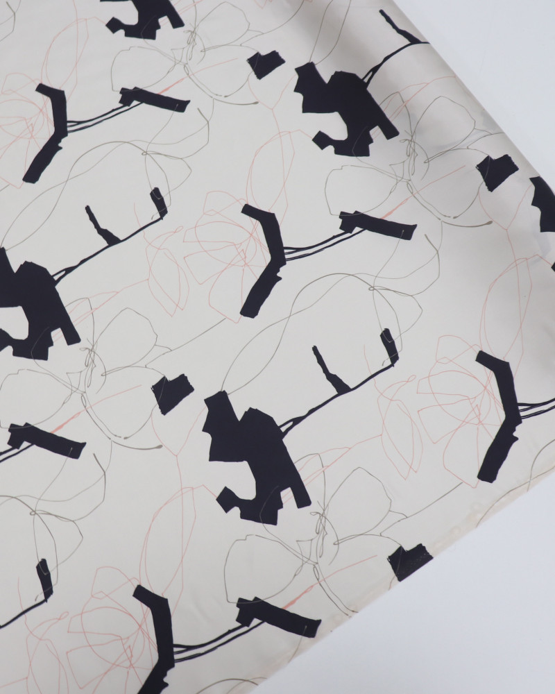 Tecido Seda Mista Italiano Riscos Abstratos Bege, Preto e Pérola