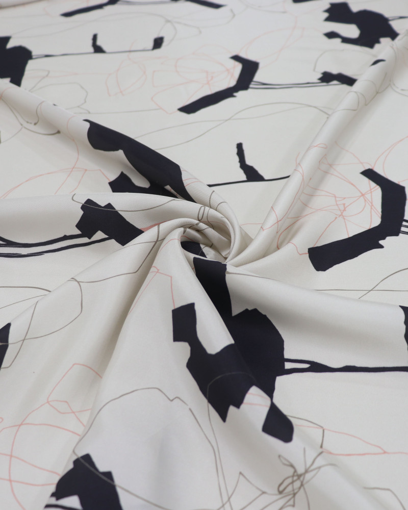 Tecido Seda Mista Italiano Riscos Abstratos Bege, Preto e Pérola