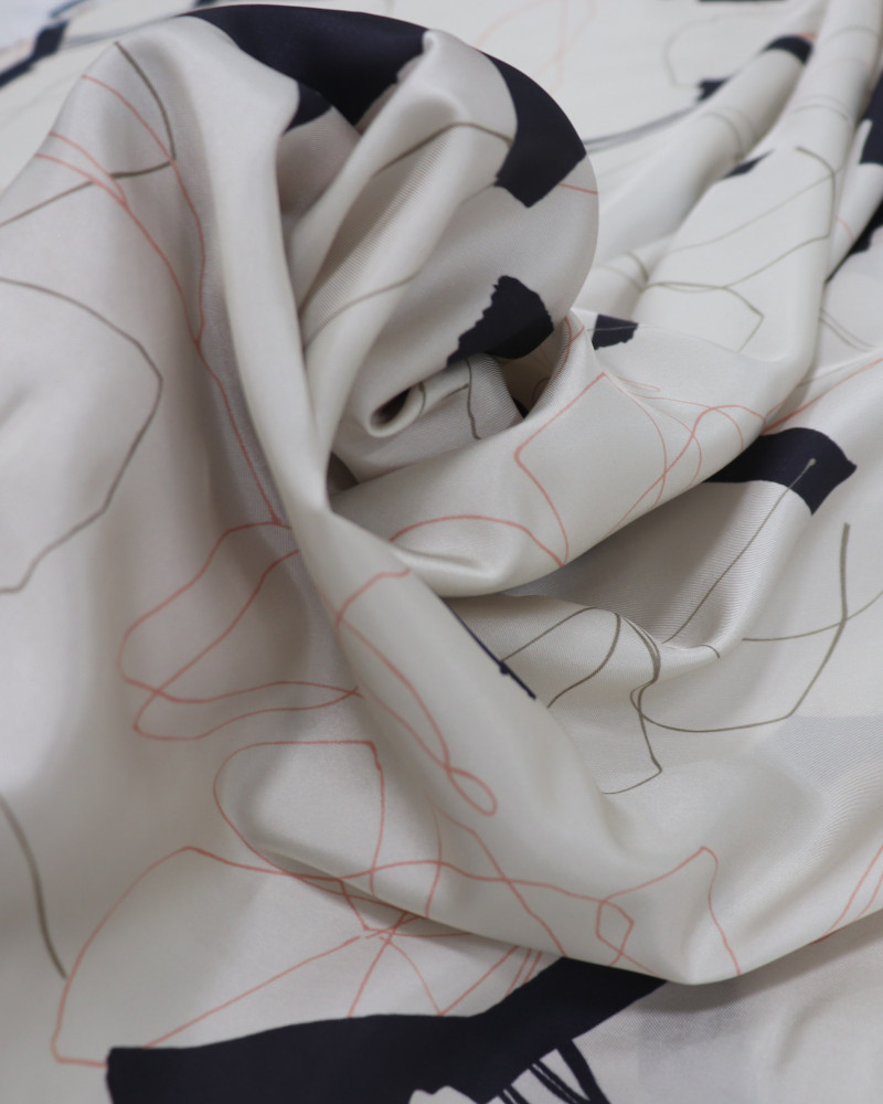 Tecido Seda Mista Italiano Riscos Abstratos Bege, Preto e Pérola
