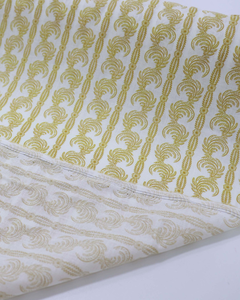 Tecido Cambraia de Linho Micro Ramos em Listra Amarelo e Branco