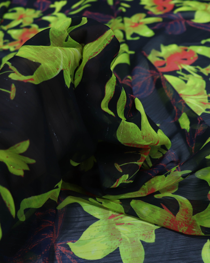 Tecido Crepe Chiffon Texturizado Italiano Lírios Amarelo Neon e Preto com Lurex