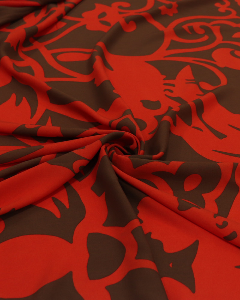 Tecido Viscose Fina Italiano Macro Folhagens e Arabescos Marrom e Vermelho