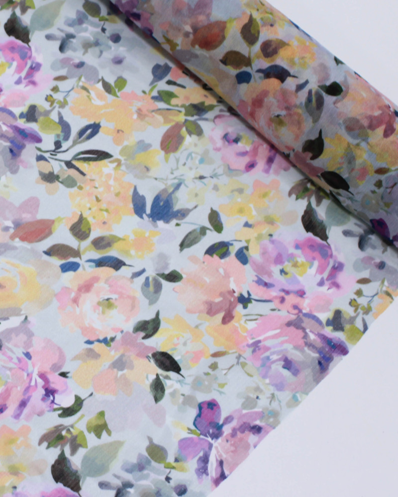 Tecido Crepe Chiffon Italiano Campo de Rosas Abstratas Colorido