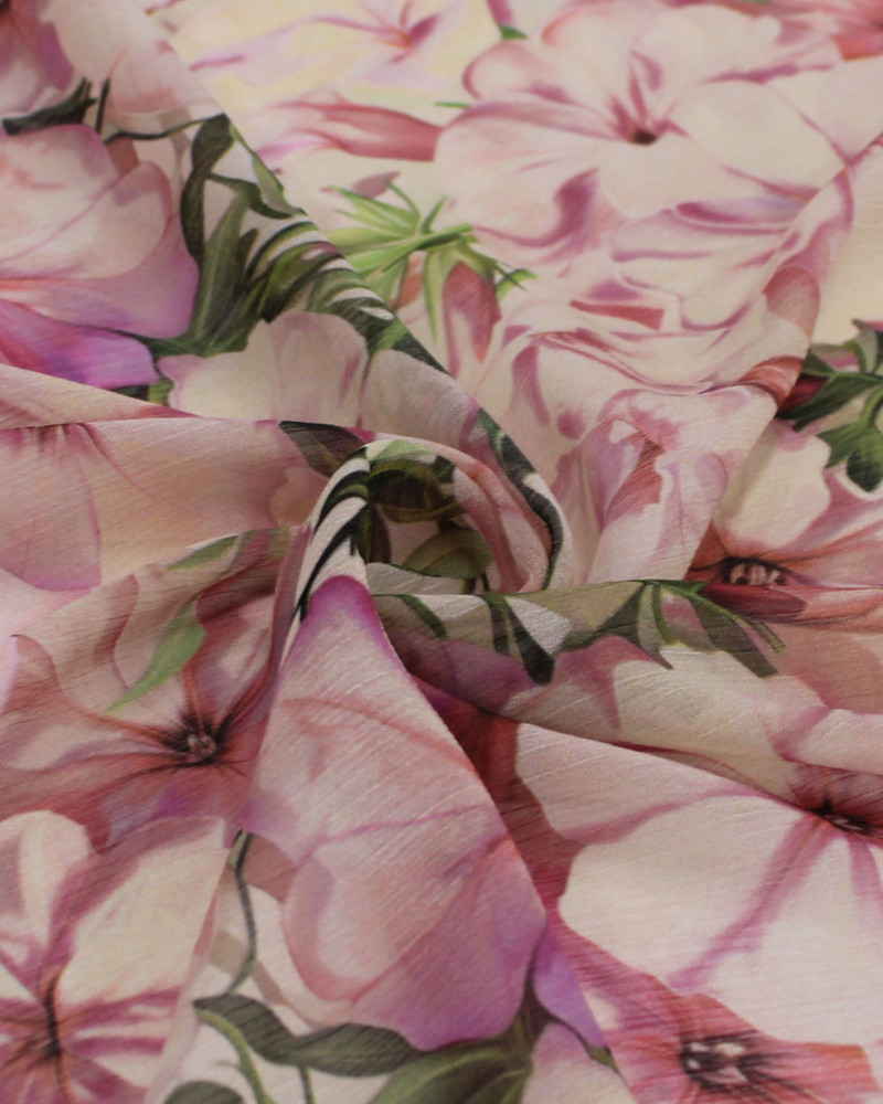 Tecido Crepe Chiffon Italiano Ramos e Flores Verde, Rosa e Bege