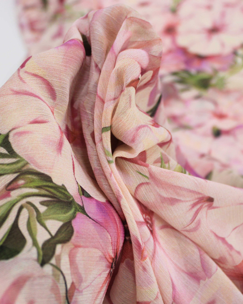 Tecido Crepe Chiffon Italiano Ramos e Flores Verde, Rosa e Bege