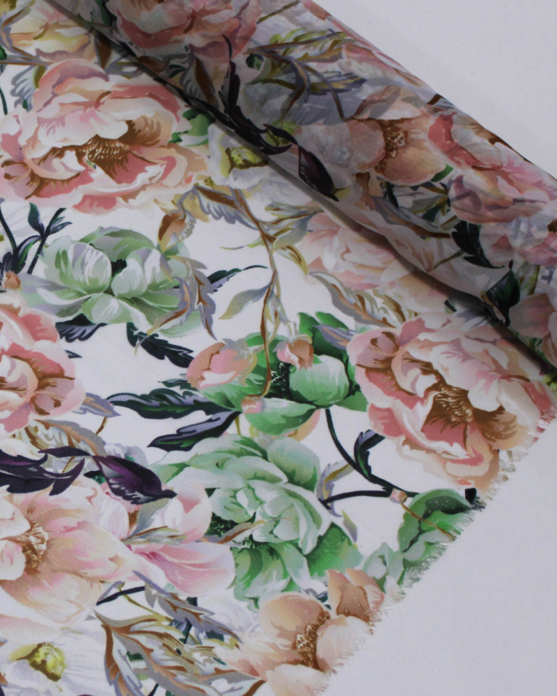 Tecido Crepe Chiffon Toque de Seda Italiano Camélias Coloridas 