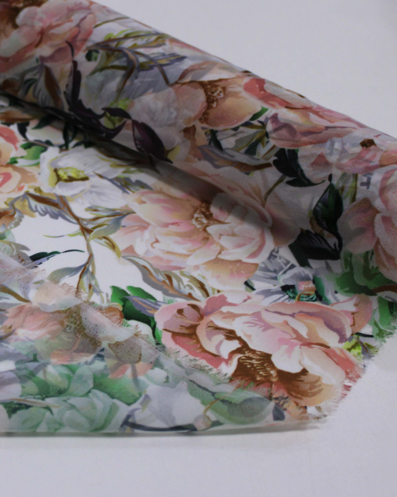 Tecido Crepe Chiffon Toque de Seda Italiano Camélias Coloridas 