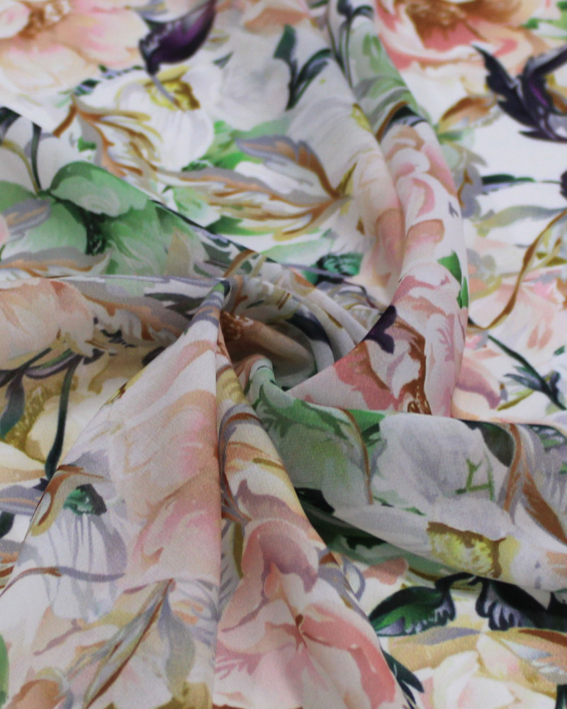 Tecido Crepe Chiffon Toque de Seda Italiano Camélias Coloridas 
