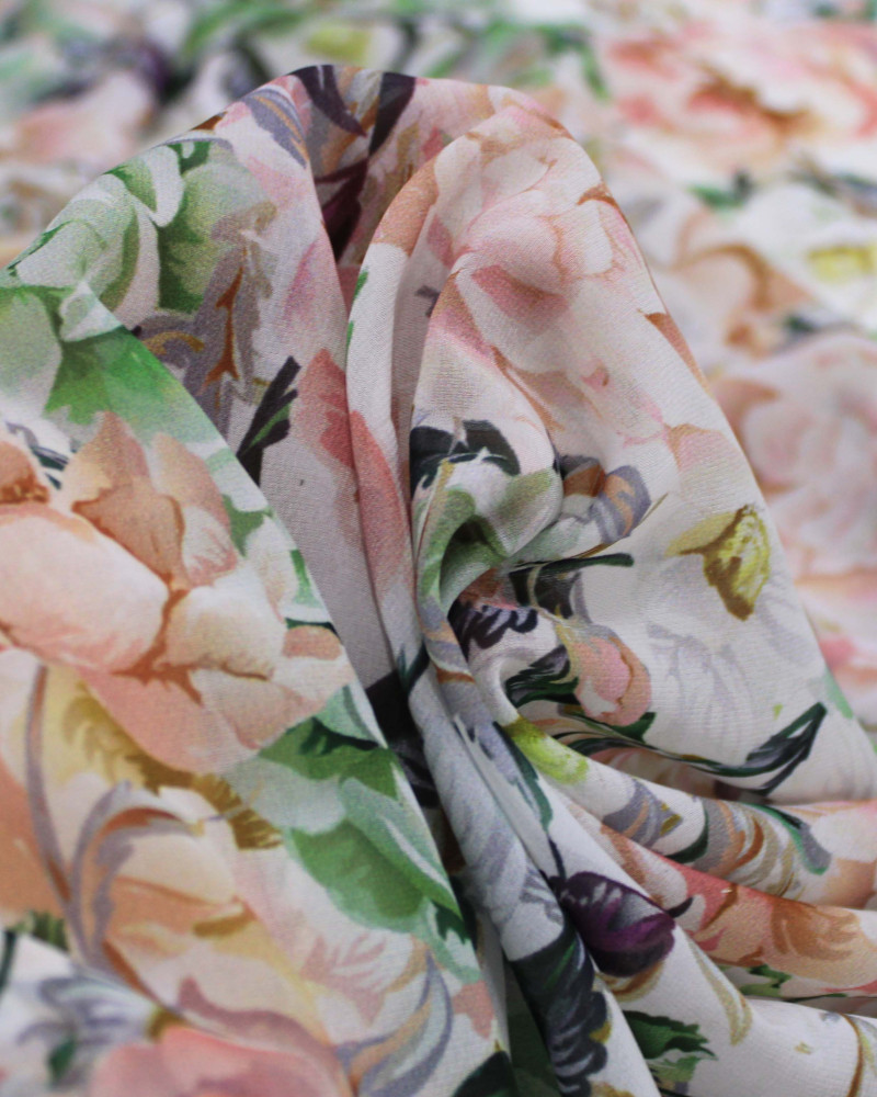 Tecido Crepe Chiffon Toque de Seda Italiano Camélias Coloridas 