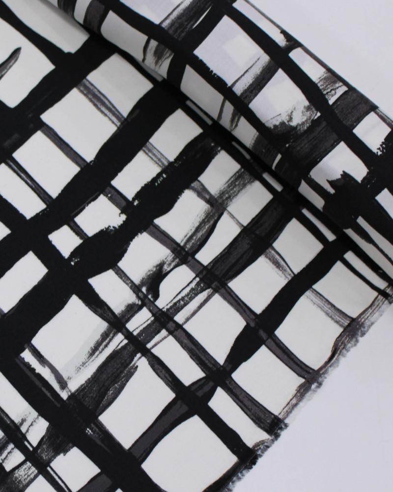 Tecido Viscose Italiano Multi Quadriculado Irregular Preto e Offwhite