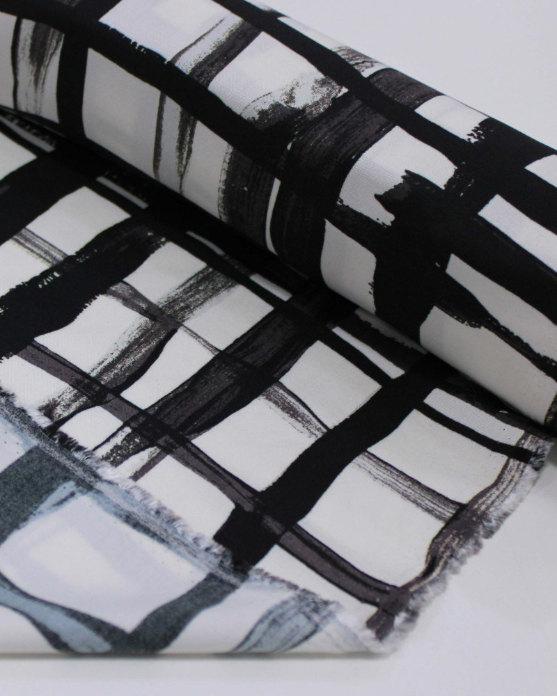 Tecido Viscose Italiano Multi Quadriculado Irregular Preto e Offwhite