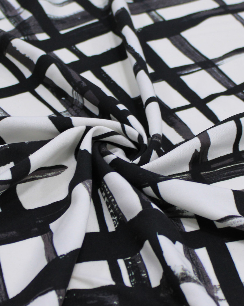 Tecido Viscose Italiano Multi Quadriculado Irregular Preto e Offwhite