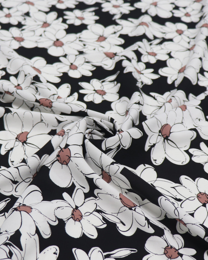 Tecido Viscose Desenho Floral Offwhite e Preto