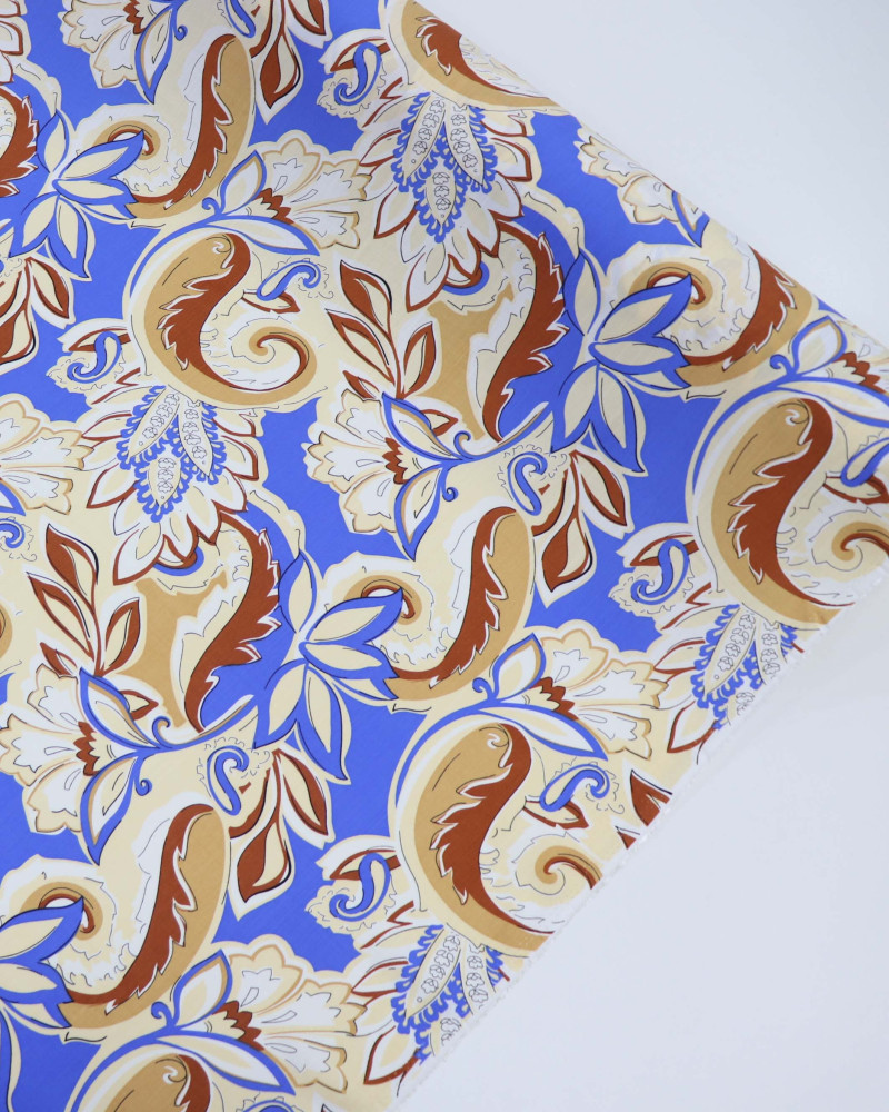 Tecido Viscose Texturizada Macro Arabescos e Folhagens Bege, Caramelo e Azul