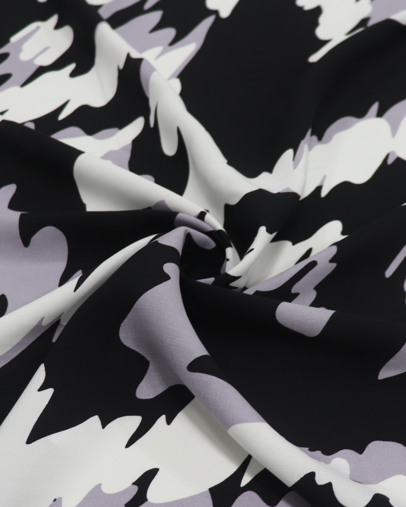 Tecido Viscose Estampa Abstrata Ondulado Branco, Cinza e Preto