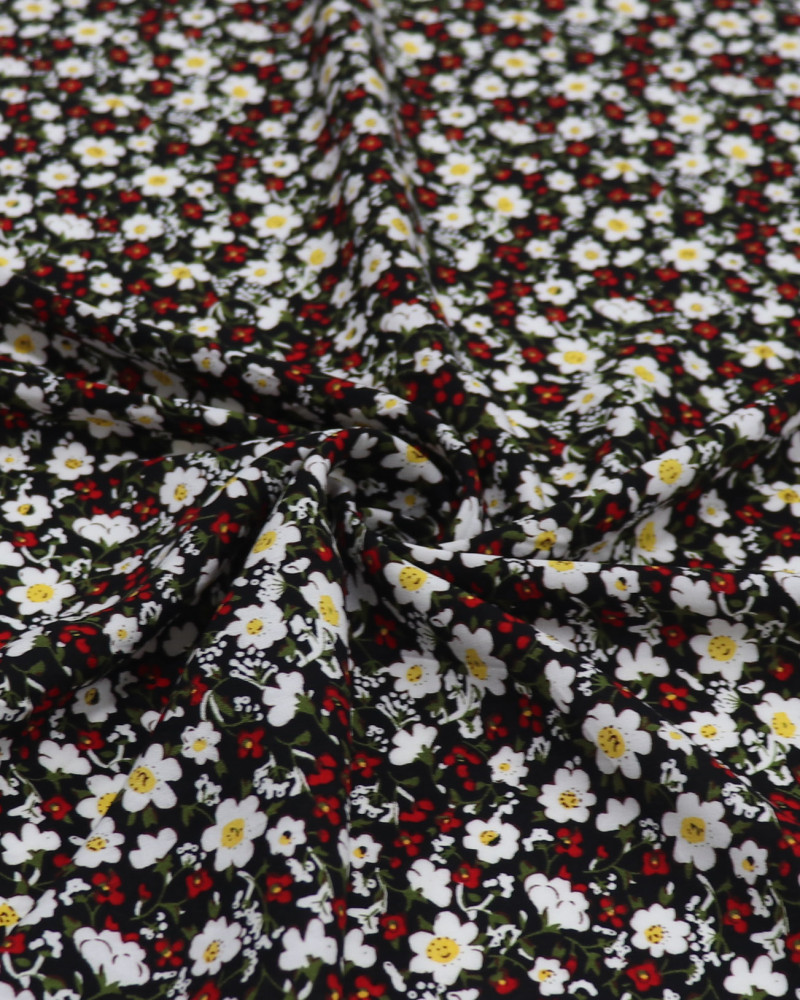 Tecido Viscose Margaridas Amarelo, Branco e Preto