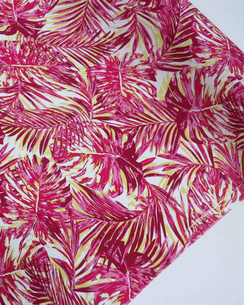 Tecido Viscose Macro Folhagem e Costela de Adão Pink, Amarelo e Branco