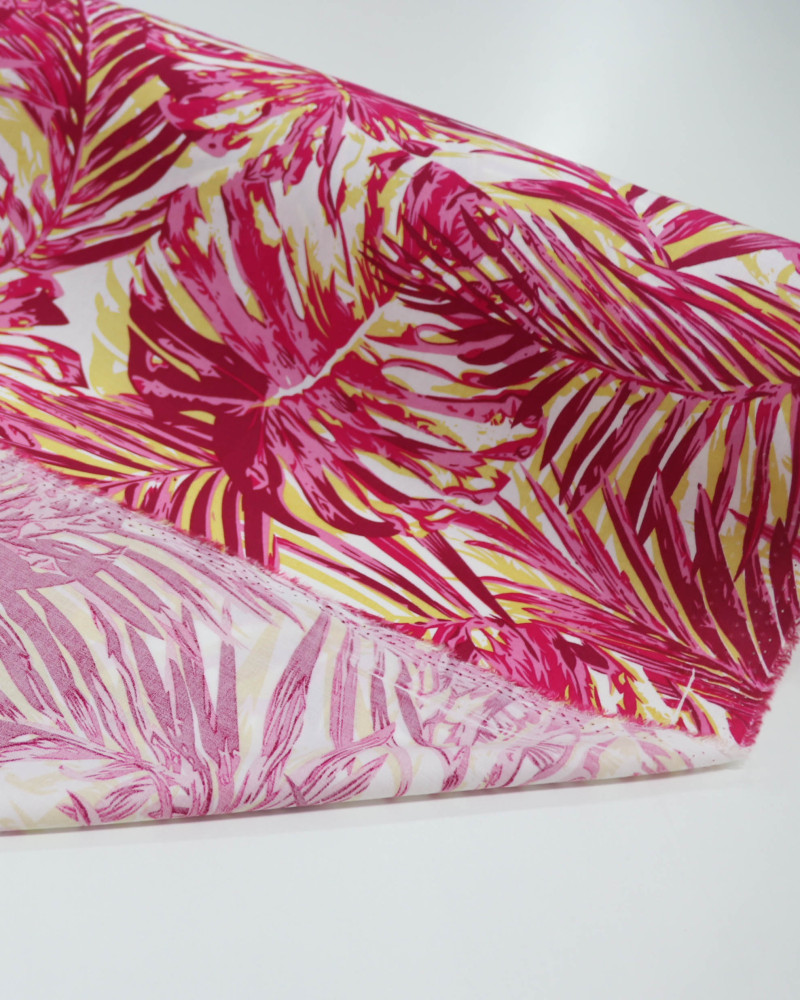 Tecido Viscose Macro Folhagem e Costela de Adão Pink, Amarelo e Branco