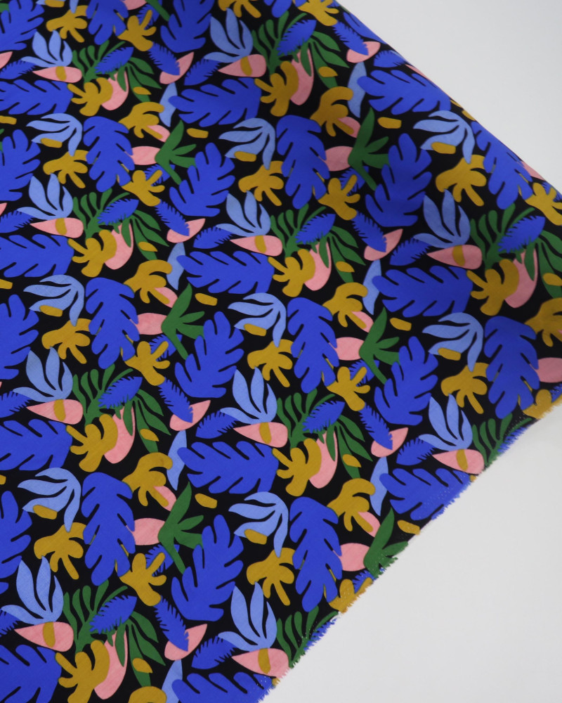 Tecido Viscose Texturizada Suculentas Tons de Azul, Verde e Preto