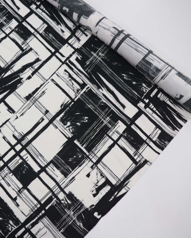 Tecido Viscose Italiano Estampa Geométrica Abstrata Preto e Offwhite