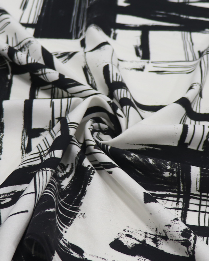 Tecido Viscose Italiano Estampa Geométrica Abstrata Preto e Offwhite