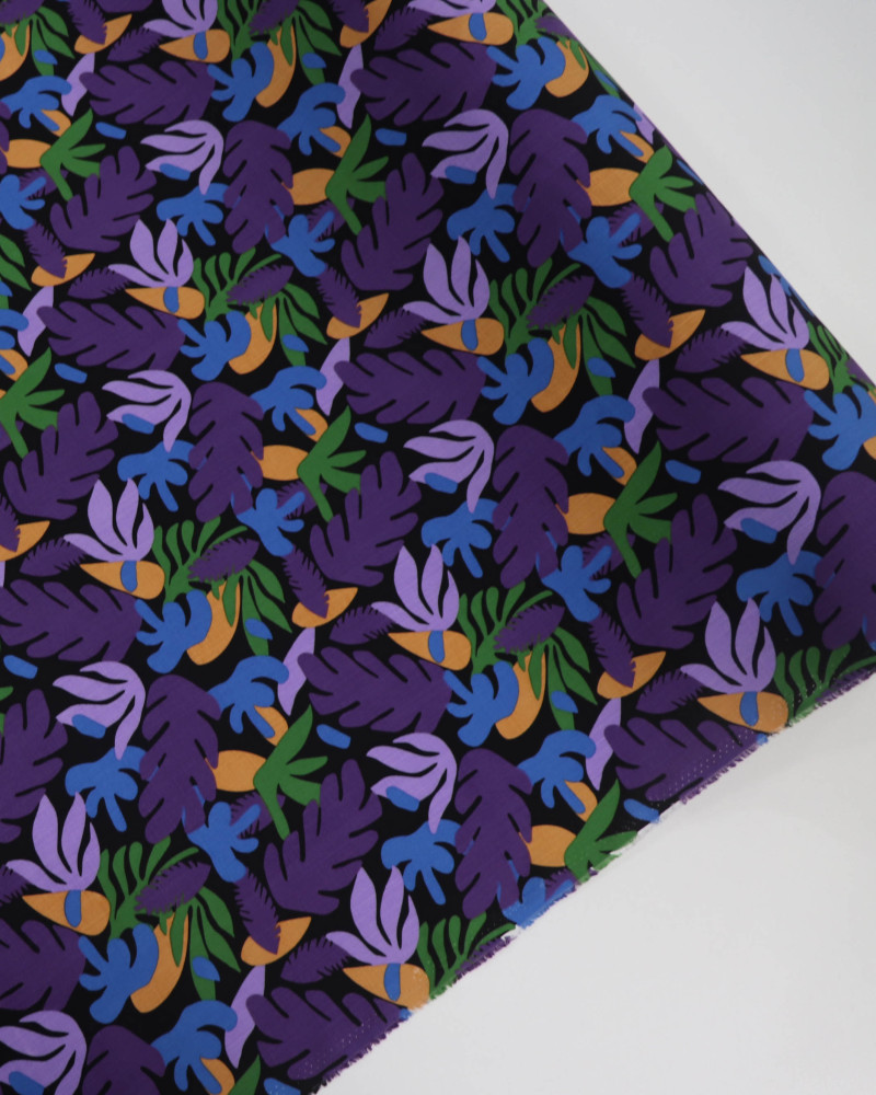 Tecido Viscose Texturizada Suculentas Roxo, Azul e Preto