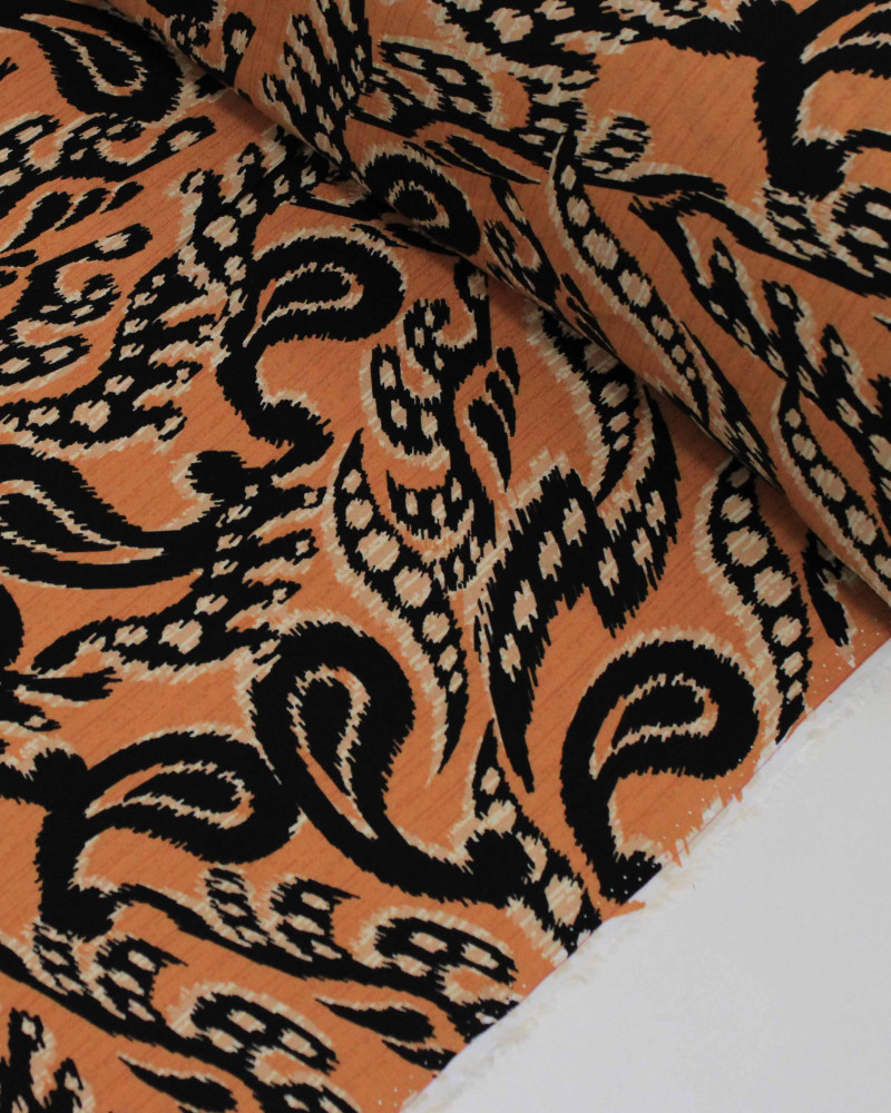 Tecido Viscose Cashmere Abstrata Nude, Preto e Argila