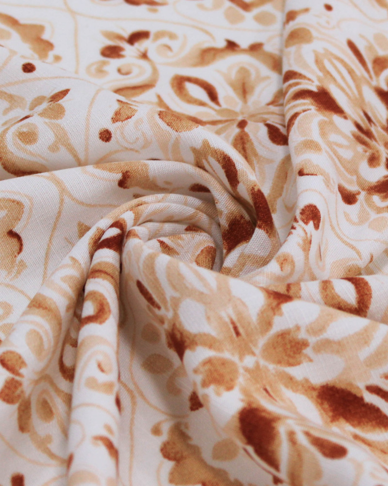 Tecido Viscose Texturizada Flores Contornadas Tons de Cobre e Offwhite
