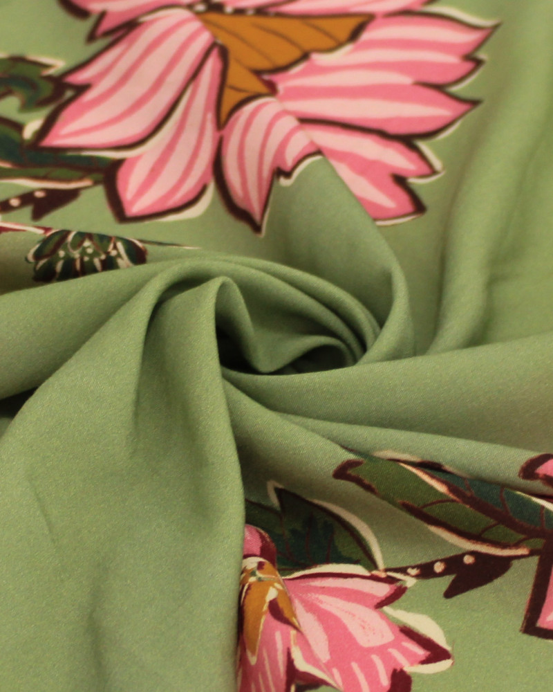Tecido Viscose Premium Macro Ramos Florais Rosa e Tons de Verde